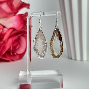Boho Oco Agate Druzy Geode Slice Earrings‎ Silver Trim Natural Stone Dangle